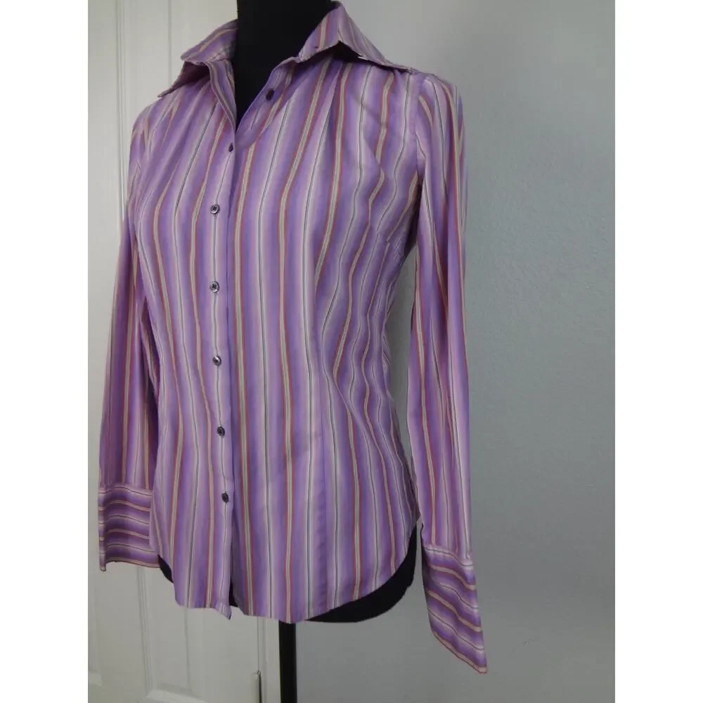 Vintage 90s Y2K Express Purple Pink Striped Button Down Top Womens 2 Work Cotton